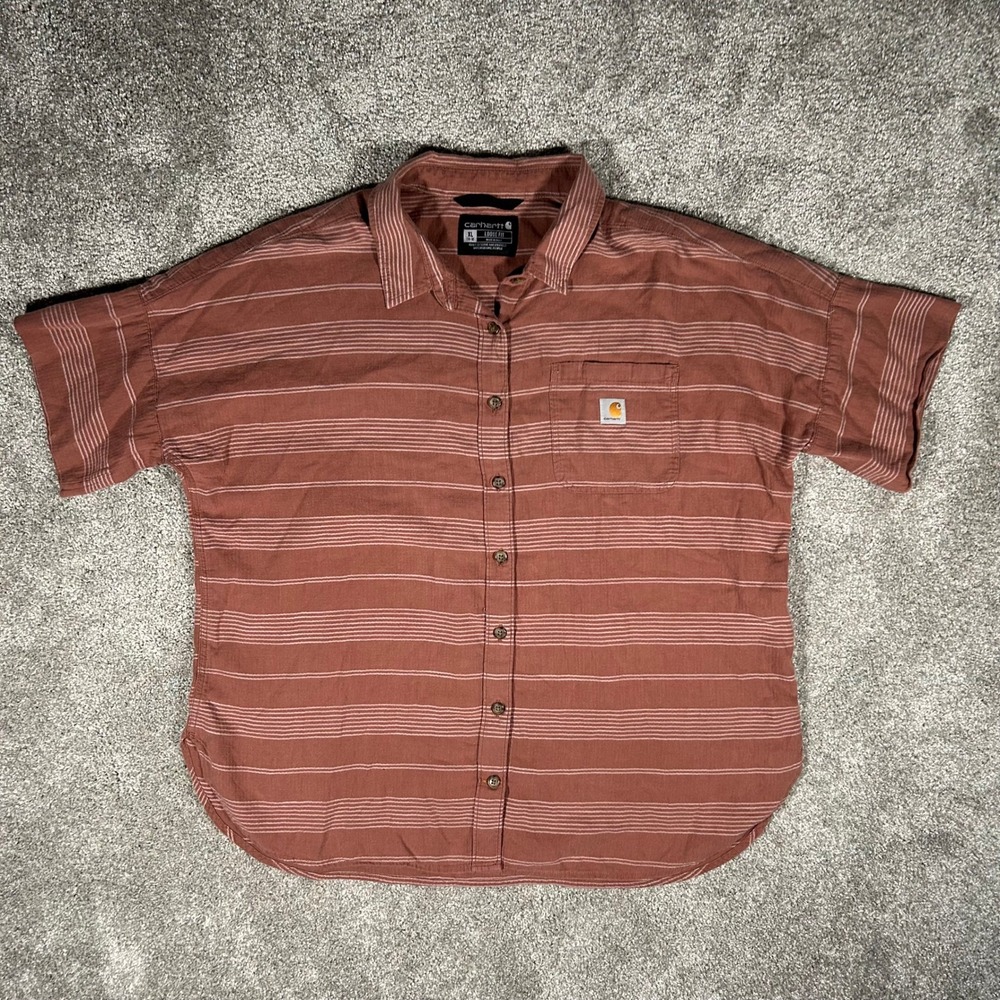 Carhartt Womens XL Vintage Loose Fit Striped Button Down Shirt Clay Red